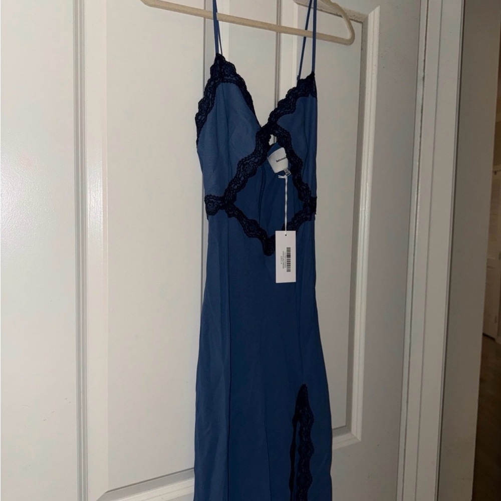Reformation Blue Maxi Slip Dress with Navy Lace Trim - Picture 5 of 8